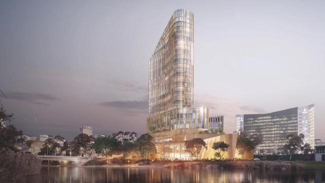 An artist’s impression of the new Riverbank Hotel, proposed for the west side of the Morphett St bridge. Picture: Enzo Caroscio Architecture