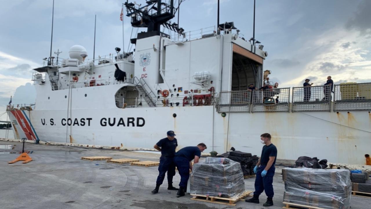 The US Coastguard seizing the 1.5 tonnes of cocaine off the coast of Ecuador in April 2021