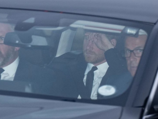 Prince Harry seen en route to Balmoral after news of the Queen’s passing. Picture: Michal Wachucik/Abermedia/Australscope