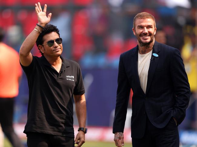 MUMBAI, INDIA - NOVEMBER 15: UNICEF Goodwill Ambassadors,  Sachin Tendulkar and David Beckham, look on prior to the ICC Men's Cricket World Cup India 2023 Semi Final match between India and New Zealand at Wankhede Stadium on November 15, 2023 in Mumbai, India. (Photo by Robert Cianflone/Getty Images)