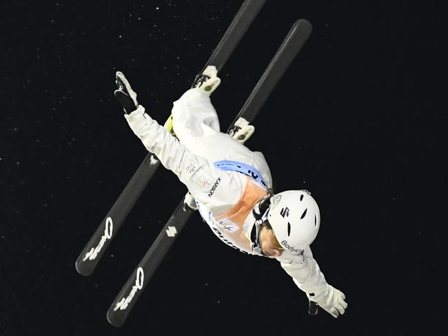 Lydia Lassila in the World Cup freestyle skiing aerials final in Lake Placid.