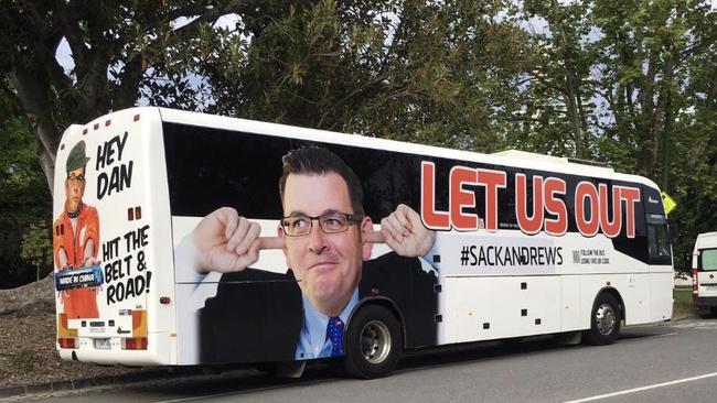 A"Sack Andrews" bus at Melbourne anti-lockdown protests at the Shrine of Remembrance on Friday.