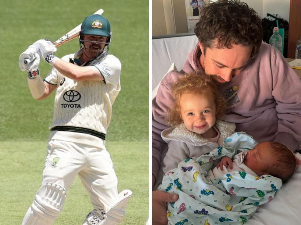 Travis Head in action and with his baby son. Photos: Getty Images/Instagram