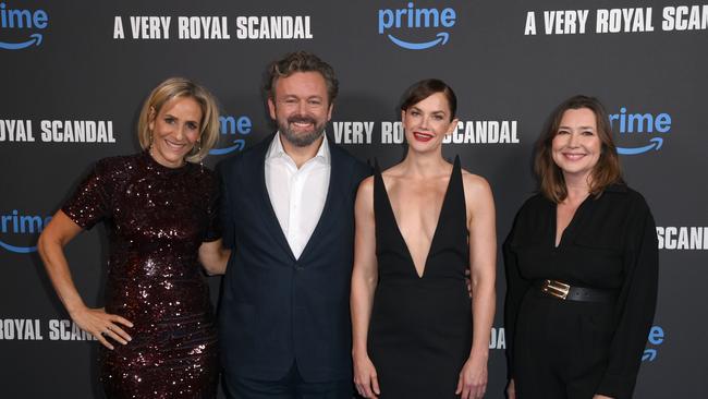 Emily Maitlis, Michael Sheen, Ruth Wilson and executive producer Karen Thrussell attend a screening of A Very Royal Scandal in London last week. Picture: Getty Images