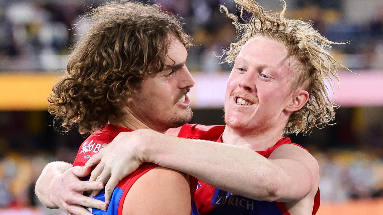 Star Demons Luke Jackson and Clayton Oliver celebrate after the final siren. Picture: Russell Freeman/AFL Photos