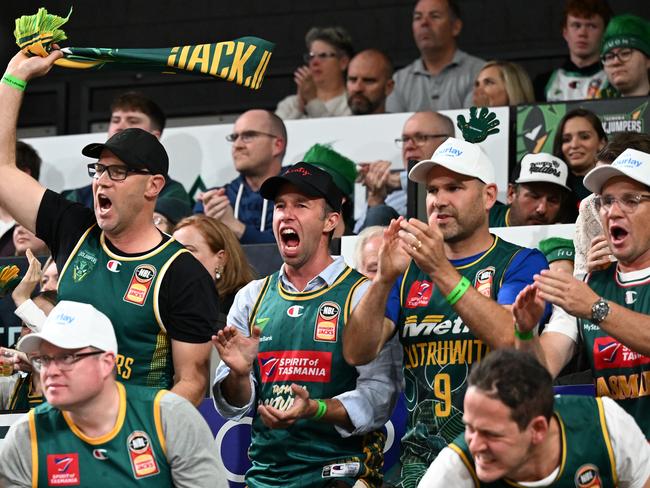 Fans cheer during game two of the NBL Championship Grand Final Series between Tasmania Jackjumpers and Melbourne United at MyState Bank Arena. Photo: Steve Bell/Getty Images.