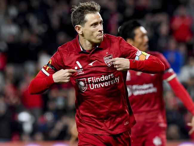 Craig Goodwin celebrates scoring for Adelaide United. Picture: Mark Brake / Getty Images