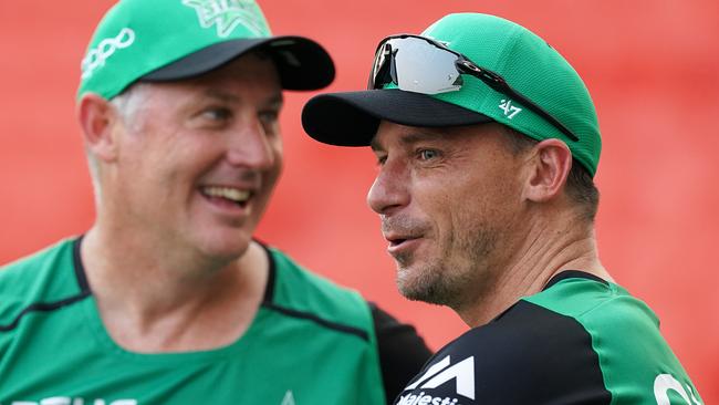 David Hussey alongside his strike bowler Dale Steyn. Picture: AAP Image/Dave Hunt