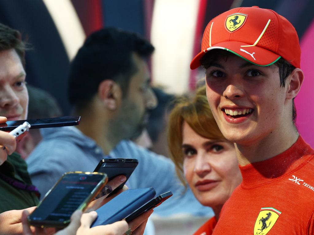JEDDAH, SAUDI ARABIA - MARCH 09: 7th placed Oliver Bearman of Great Britain and Ferrari talks to the media in the Paddock after the F1 Grand Prix of Saudi Arabia at Jeddah Corniche Circuit on March 09, 2024 in Jeddah, Saudi Arabia. (Photo by Clive Rose/Getty Images)