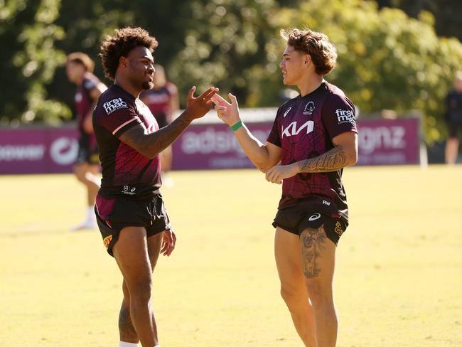 Maguire’s disciplinarian style could help get the best out of Broncos young guns Ezra Mam and Reece Walsh. Picture: Liam Kidston