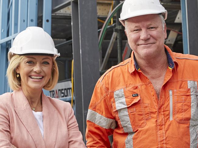 The Block hosts Shelley Craft and Scott Cam on the construction site at The Oslo. Supplied by Channel 9.