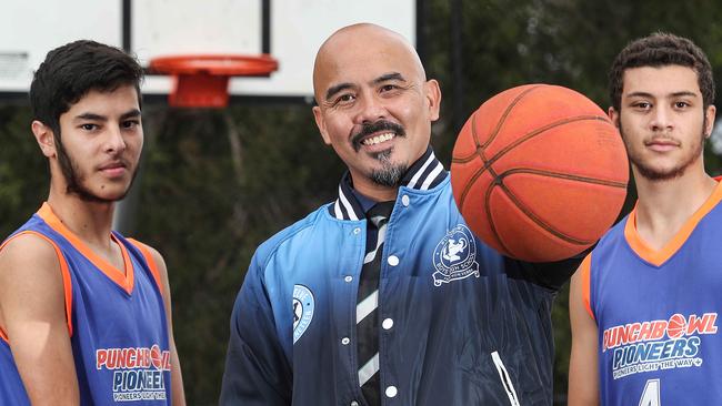 Joseph De Guia with senior Basketball co-captains Malek El Mourad and Fady Rifai. Picture: Carmela Roche)