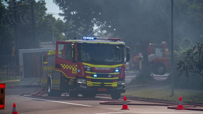 NT Fire and Rescue Service engages in extinguishing a fire occurring at a residence located Jingili Terrace in Jingili. Picture: Pema Tamang Pakhrin