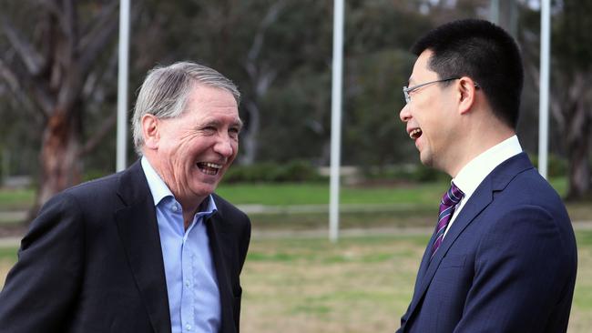 Huawei CEO Hudson Liu, right, and former ASIO boss Dennis Richardson in Canberra. Picture: Gary Ramage