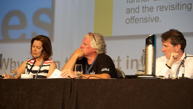 Michele O’Neil, national secretary of the textiles union; Paddy Crumlin, MUA national secretary; and CFMEU national secretary Michael O’Connor. Picture: Luke Richards