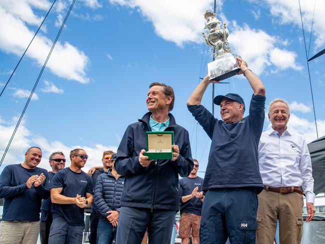 Celestial Skipper Sam Haynes is presented with the Tattersalls Cup. Picture: Linda Higginson