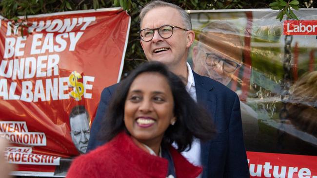 Labor candidate for Higgins Dr Michelle Ananda-Rajah, pictured with Opposition Leader Anthony Albanese, says the reception has been ‘very positive’. Picture: AFP