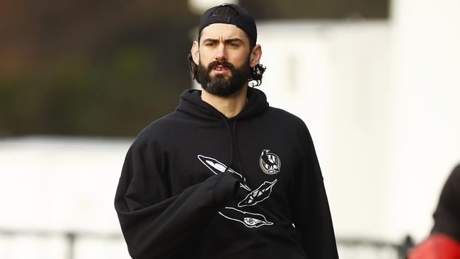 MELBOURNE, AUSTRALIA - JULY 07: Brodie Grundy of the Magpies in action during a Collingwood Magpies AFL training session at Olympic Park Oval on July 07, 2022 in Melbourne, Australia. (Photo by Daniel Pockett/Getty Images)