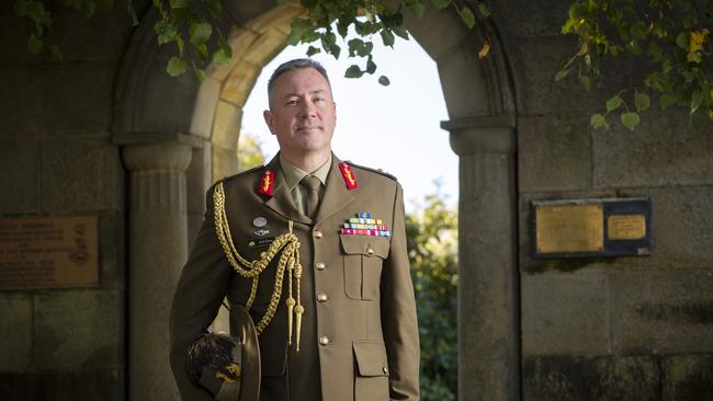 Major General Scott Winter at the memorial garden within Anglesea Barracks, Hobart. Picture: Chris Kidd