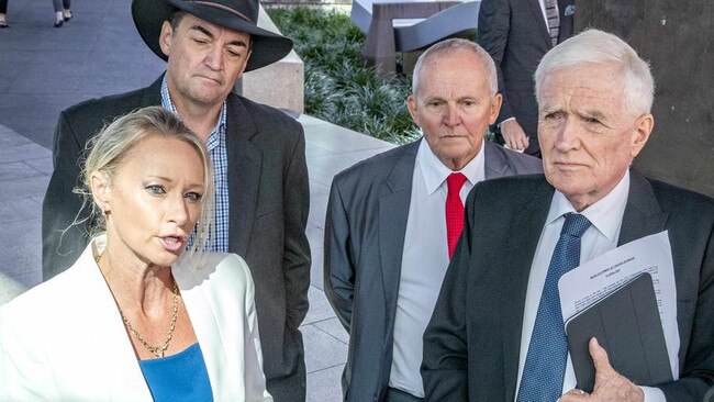 Former Logan City councillors who were exonerated, from left, Trevina Schwarz, Phil Pidgeon, Russell Lutton with lawyer Terry O'Gorman.