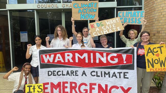 Coffs Harbour City Council declared a climate emergency in the region at the council meeting on Thursday Pictured are activists Rataj, Betty, Zeek, Mimi with Tony Johnson, Chris Degan, Nikki Read and Margaret Hope. Picture: Matt Gazy