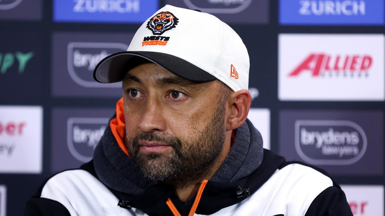 SYDNEY, AUSTRALIA - JUNE 30: Tigers coach Benji Marshall speaks to the media following the round 17 NRL match between Sydney Roosters and Wests Tigers at Allianz Stadium, on June 30, 2024, in Sydney, Australia. (Photo by Brendon Thorne/Getty Images)