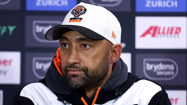 Tigers coach Benji Marshall speaks to the media following the round 17 NRL match between Sydney Roosters and Wests Tigers at Allianz Stadium, on June 30, 2024, in Sydney, Australia. (Photo by Brendon Thorne/Getty Images)