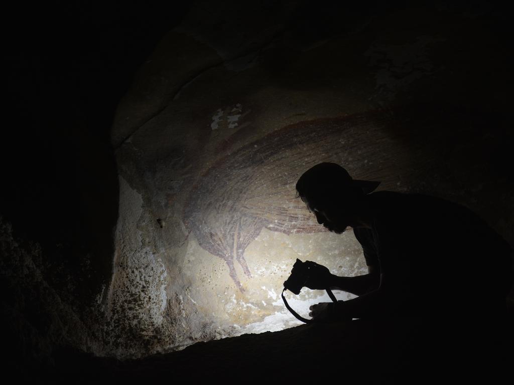 Researchers trekked to a remote cave in the limestone mountains on the Indonesian island. Picture: AA Oktaviana