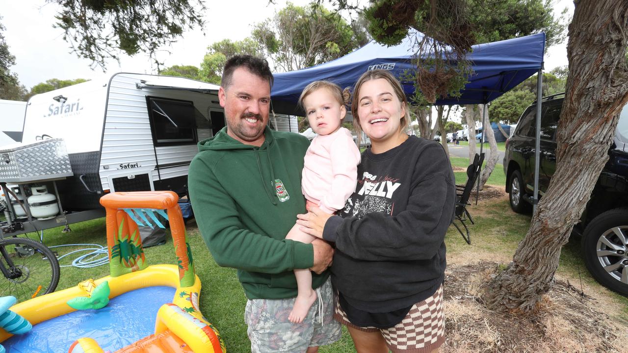 Four generations of Tiarne Rix's family have been coming to Ocean Grove. Now she comes with her partner Travis and daughter Nellie. Picture: Alan Barber