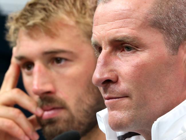 LONDON, ENGLAND - SEPTEMBER 26: England Head Coach Stuart Lancaster speaks at the post match press conference with Captain Chris Robshaw during the 2015 Rugby World Cup Pool A match between England and Wales at Twickenham Stadium on September 26, 2015 in London, United Kingdom. (Photo by David Rogers/Getty Images)