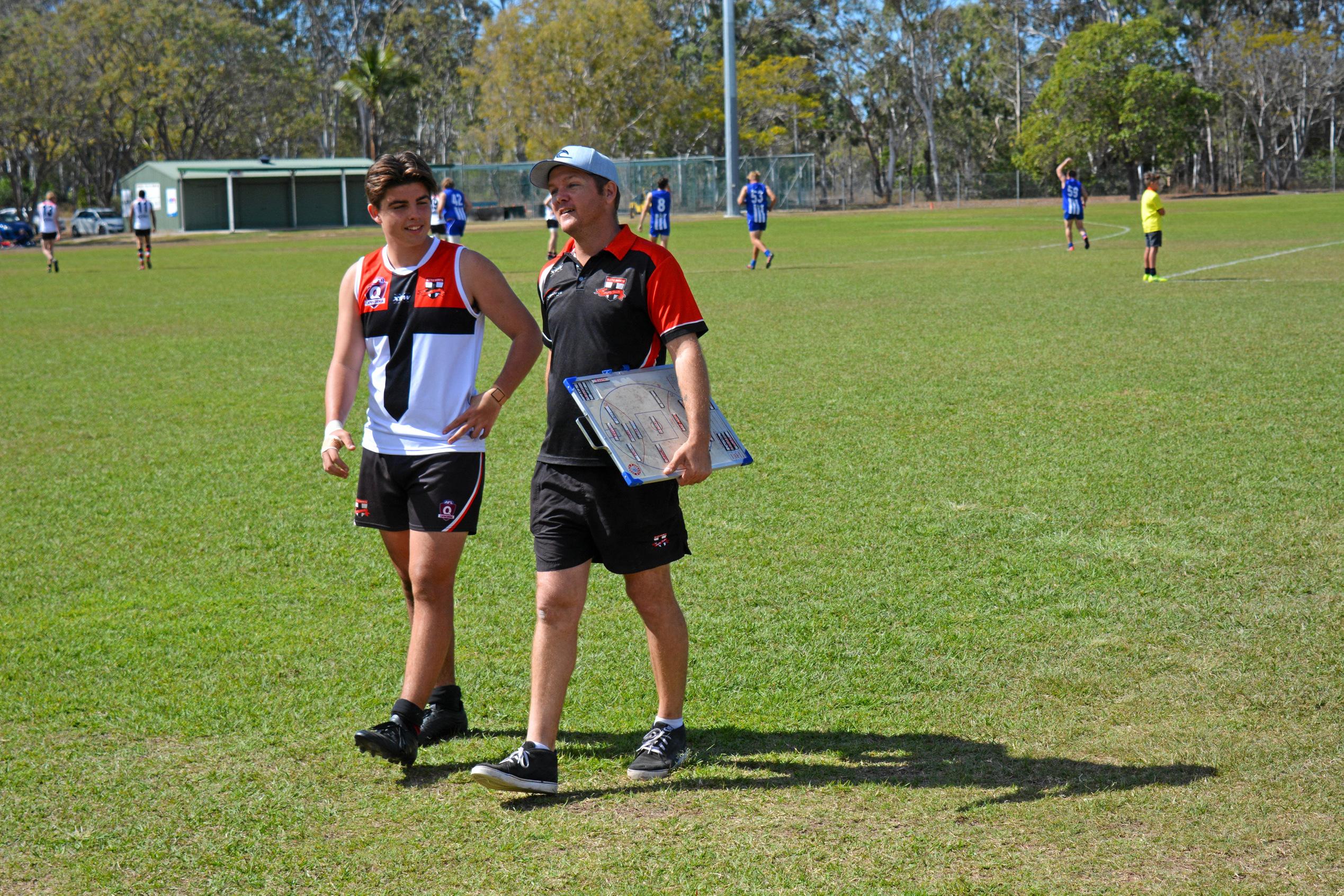 Saints reserves coach Lucas Hall advising Corey Tostevin. Picture: Nick Kossatch GLA040819BITSBROS