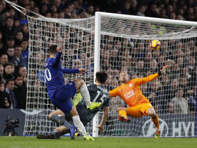 Chelsea's Eden Hazard shots the ball in a failed attempt to score during the English Premier League soccer match between Chelsea and Leicester City. Picture: AP Photo