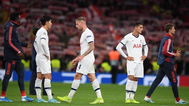 Shattered Tottenham players come to terms with their humiliating 7-2 home defeat against Bayern Munich. Picture: AFP