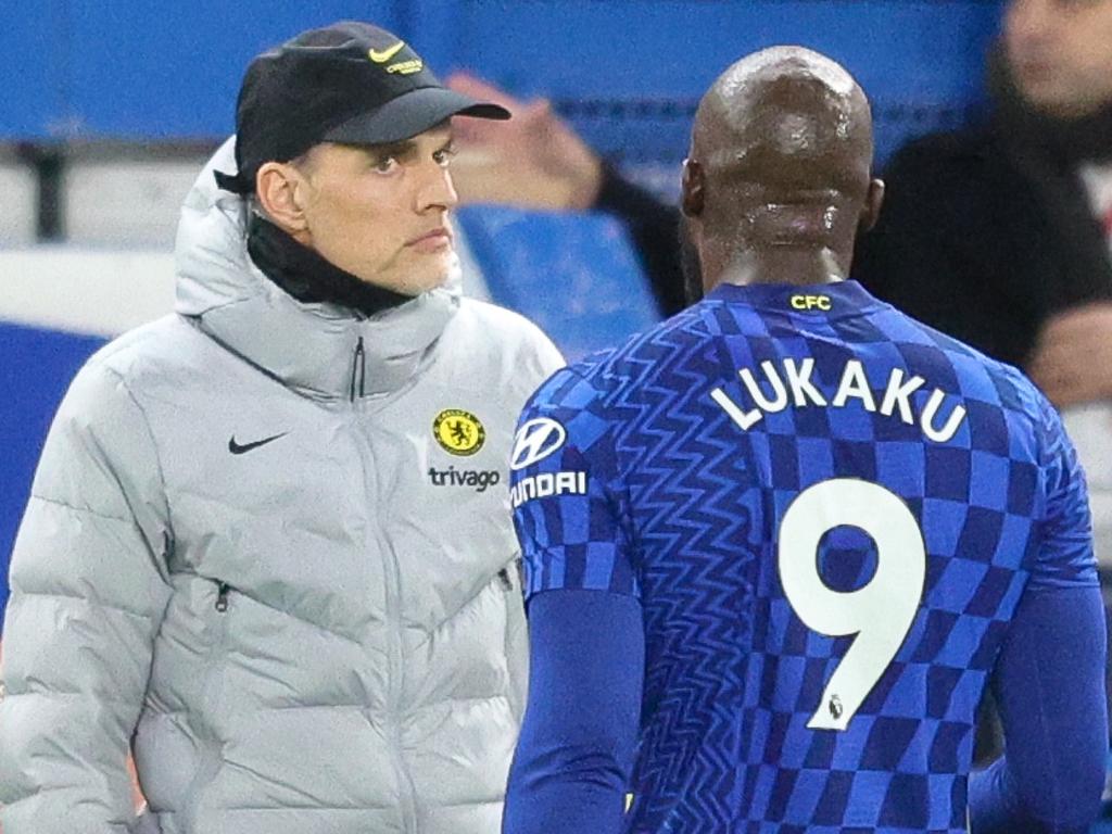 Chelsea manager Thomas Tuchel has words with Romelu Lukaku during a Premier League match against Brighton and Hove Albion at Stamford Bridge last week. Picture: Robin Jones/Getty Images