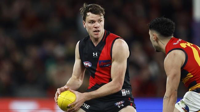 Important Essendon defender Jordan Ridley is a chance to return from a quad strain against Port Adelaide on Friday night. Picture: Daniel Pockett / Getty Images