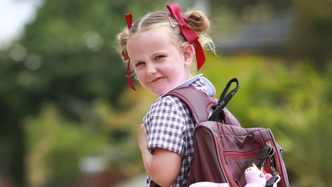 Olive O'Hagan, 6, and completely deaf, is starting school on Monday. Picture: Mark Scott.