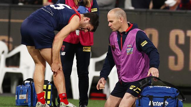 After being kicked by Lance Franklin, Christian Petracca played more like a 36-year-old than 26. Picture by Michael Klein