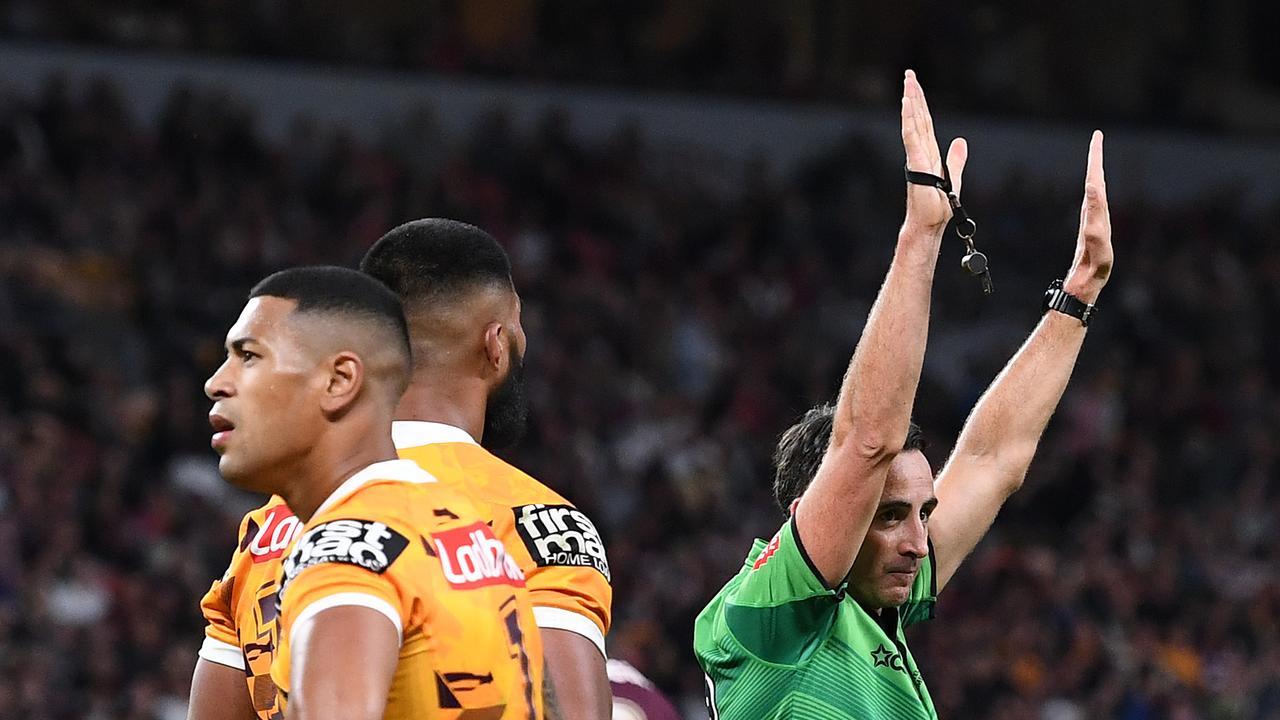 BRISBANE, AUSTRALIA – MAY 14: Referee Gerard Sutton signals during the round 10 NRL match between the Manly Sea Eagles and the Brisbane Broncos at Suncorp Stadium on May 14, 2021, in Brisbane, Australia. (Photo by Bradley Kanaris/Getty Images)