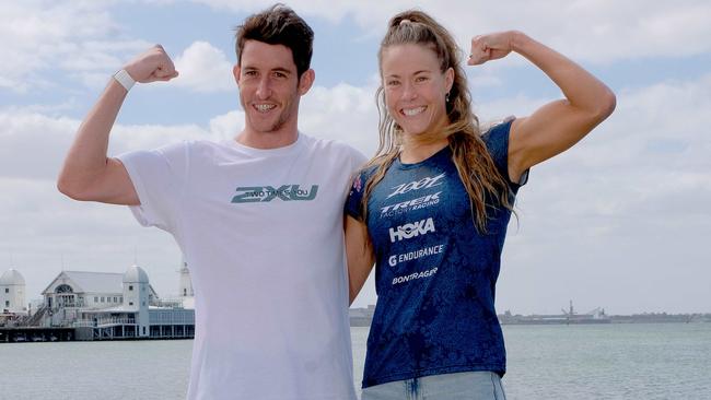 Defending Ironman triathlon champions Steve McKenna and Ellie Salthouse at Steampacket Gardens ahead of the Geelong Ironman 70.3 last month. Picture: Mark Wilson