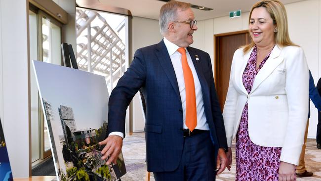 Prime Minister Anthony Albanese inspects an artist’s impression of Brisbane Olympic Games infrastructure with Queensland Premier Annastacia Palaszczuk. Picture: NCA NewsWire/John Gass