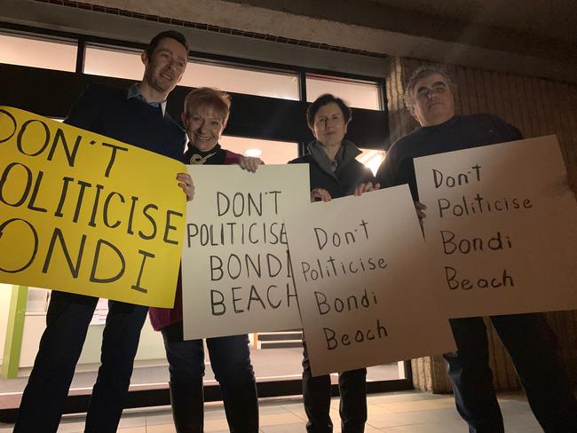 Protesters rally outside Waverley Council chambers ahead of a meeting where the "not welcome to Bondi" mural was discussed. Picture: Anton Rose