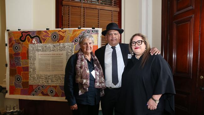 Pat Anderson, Noel Pearson and Megan Davis with the Uluru Statement from the Heart. Picture: Britta Campion