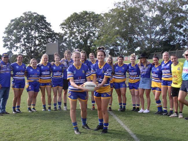 GOLDEN GAME: Marist Brothers Ladies League Tag squad celebrated the 50th game of co-captains Hayley McAnelly and Alyssa Goode when they defeated Casino 62 to 0 on May 8, 2021 at Crozier Field. Photo: Alison Paterson