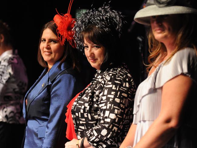 Margaret Grech of Penrith (in blue) and Rosemary Holstein of Stanhope Gardens (in black and white) battle it out in the best dressed competition at the Melbourne Cup celebrations at the Evan Theatre, Penrith Panthers in 2011.