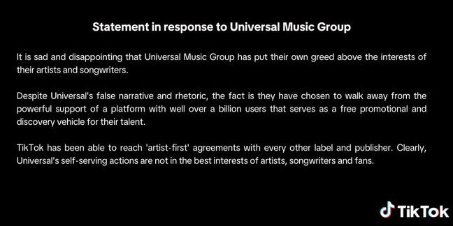 TikTok accuses Universal Music Group of “false narrative and rhetoric” and pointed out it was able to sign deals with other major music labels in a statement it posted Tuesday on X. Picture: @TikTokComms