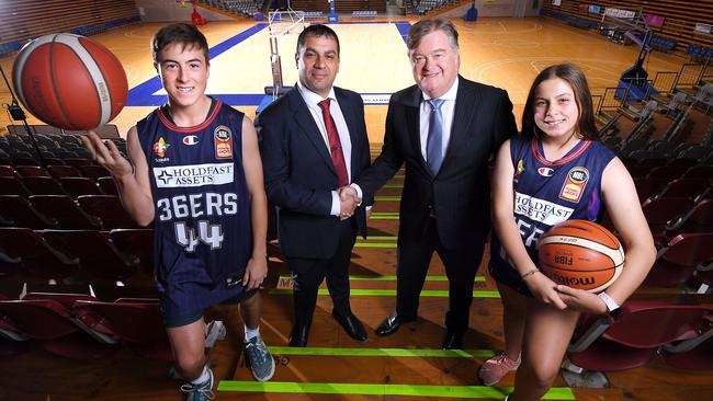 Ross Pelligra and 36ers owner Grant Kelley with Thomas and Molly Webb at the soon to be named Adelaide 36ers arena. Picture: Mark Brake