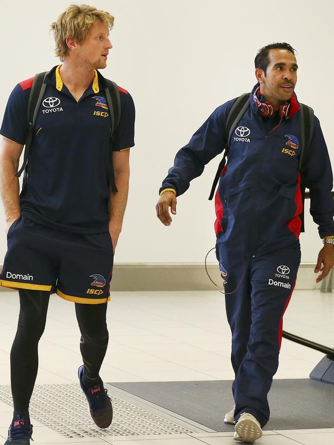 Rory Sloane, left, arrives back in Adelaide from Perth with Eddie Betts on Monday. Picture: Sarah Reed