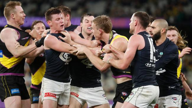 Players scuffle after the initial blue between Cripps and Prestia. Picture: Getty Images