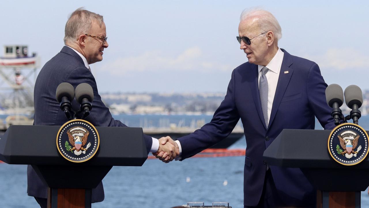 Prime Minister of Australia Anthony Albanese and US President Joe Biden shake hands at Submarine Base Point Loma in California earlier this year.