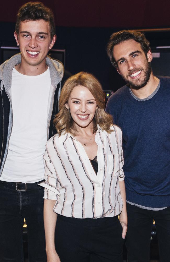 “We put on some Hall and Oates and just partied” ... Flight Facilities’ James Lyell and Hugo Gruzman with Kylie Minogue.